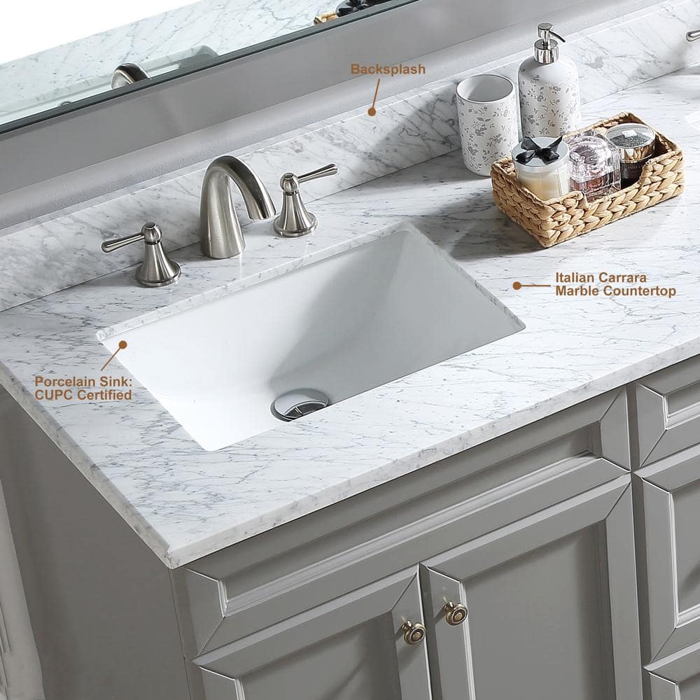 Solid Wood 60 in W x 22 in D x 39.3 in H Double Sink Bath Vanity in Modern Gray with Carrara White Natural Marble Top
