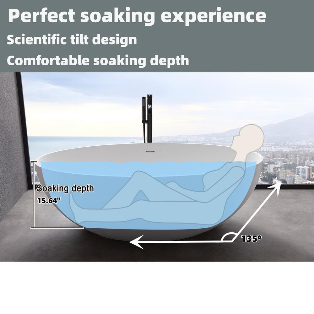 67 in Stone Resin Flatbottom Solid Surface Freestanding Soaking Bathtub in White with Drain