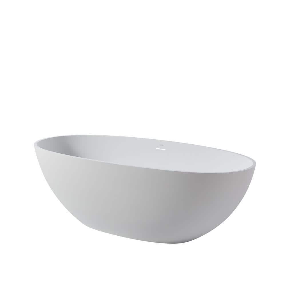 65 in. Stone Resin Flatbottom Solid Surface Freestanding Double Ended Soaking Bathtub in White with Brass Drain