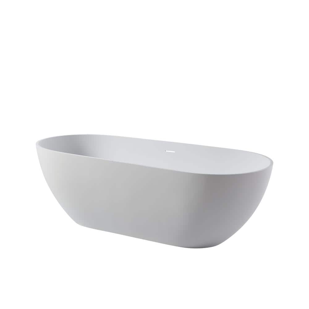 69 in Stone Resin Flatbottom Solid Surface Freestanding Double Slipper Soaking Bathtub in White with Brass Drain