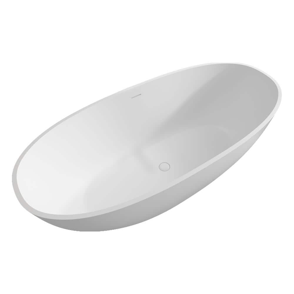 55 in x 30 in Stone Resin Flatbottom Solid Surface Non-Slip Freestanding Soaking Bathtub in White with Drain and Hose