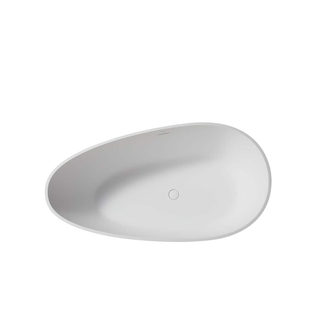 59 in. Stone Resin Flatbottom Solid Surface Freestanding Soaking Bathtub in White with Brass Drain