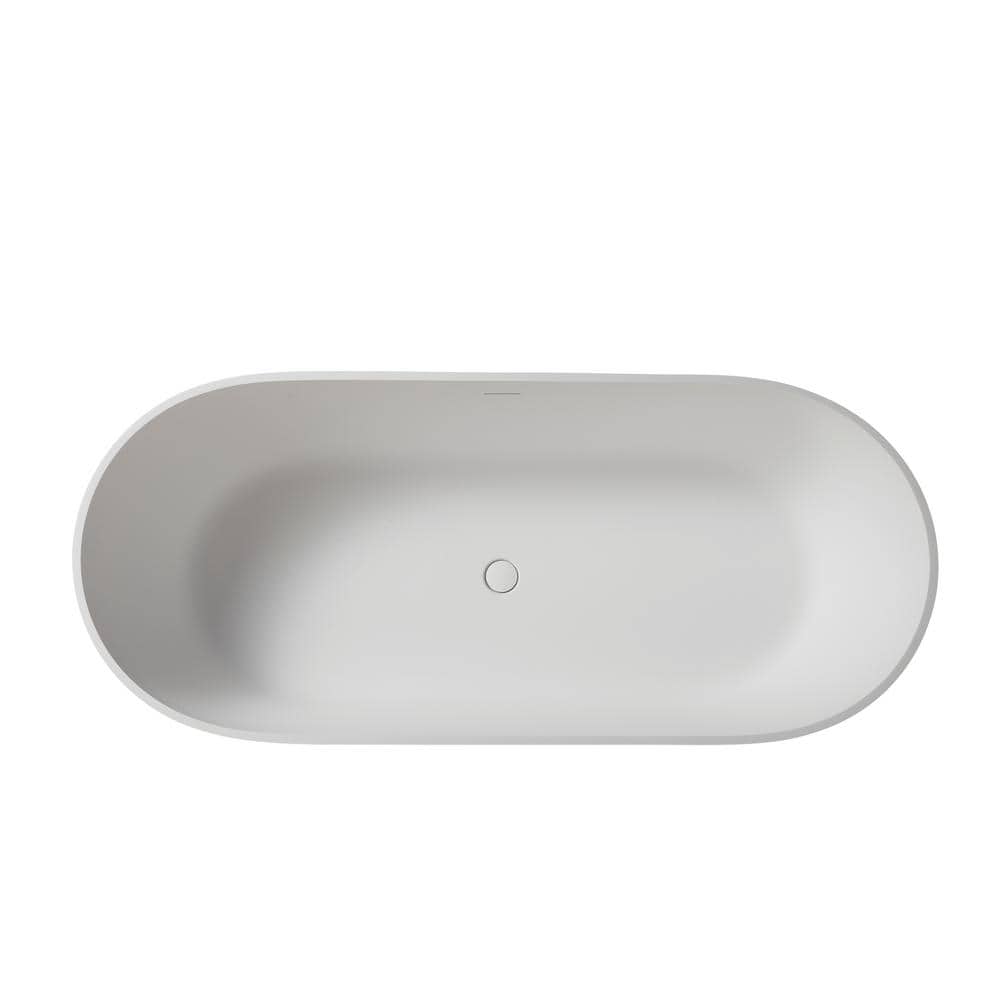 59 in Stone Resin Flatbottom Solid Surface Freestanding Double Slipper Soaking Bathtub in White with Brass Drain