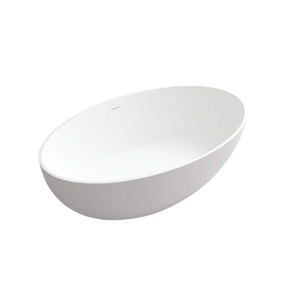 67 in Stone Resin Flatbottom Solid Surface Freestanding Soaking Bathtub in White with Drain