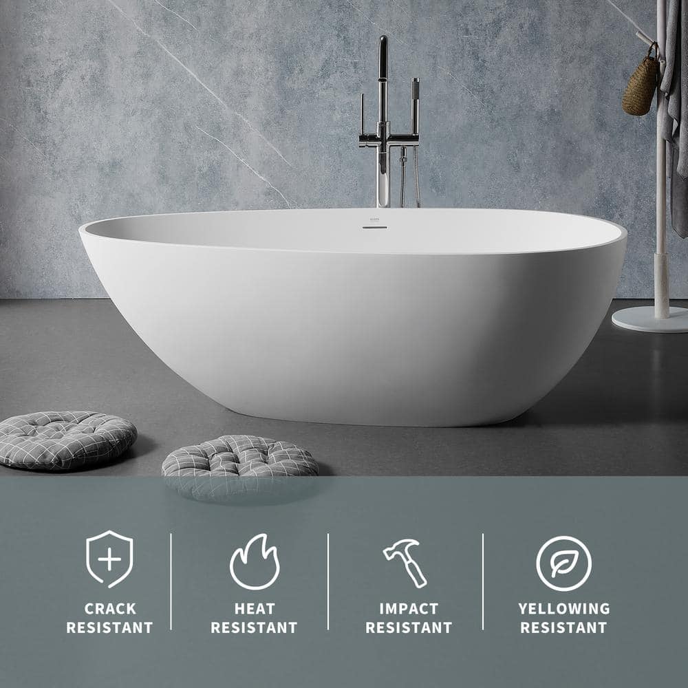 59 in. Stone Resin Flatbottom Solid Surface Freestanding Soaking Bathtub in White with Brass Drain