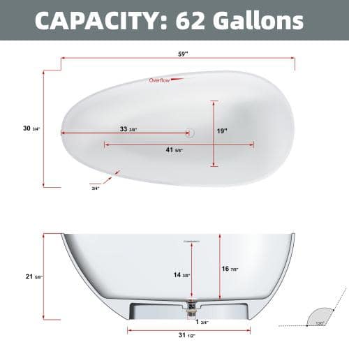 59 in. Stone Resin Flatbottom Solid Surface Freestanding Soaking Bathtub in White with Brass Drain