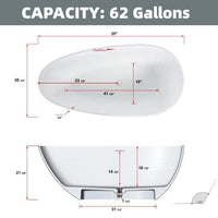 59 in. Stone Resin Flatbottom Solid Surface Freestanding Soaking Bathtub in White with Brass Drain