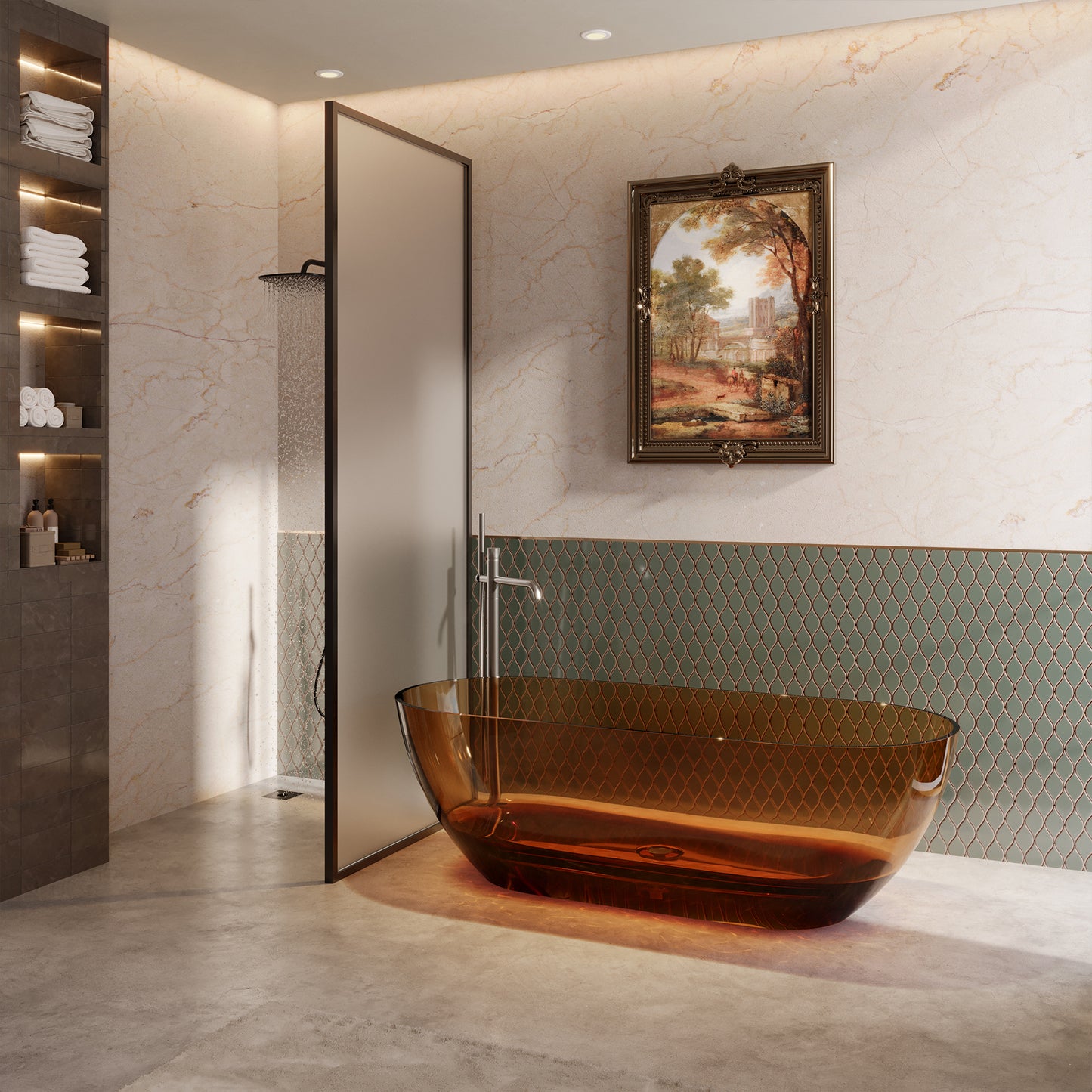 69 in x 29.5 in Oval Stone Resin Surface Flatbottom Freestanding Soaking Bathtub in Transparent Coffee