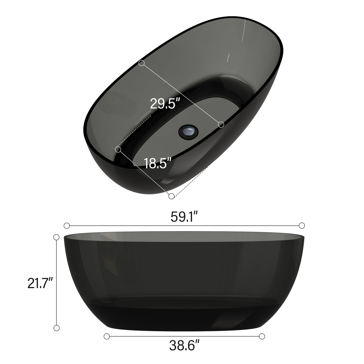 59 in x 29.5 in Stone Resin Surface Flatbottom Freestanding Soaking Bathtub in Transparent Black Gray