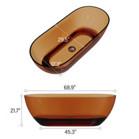 69 in x 29.5 in Oval Stone Resin Surface Flatbottom Freestanding Soaking Bathtub in Transparent Coffee