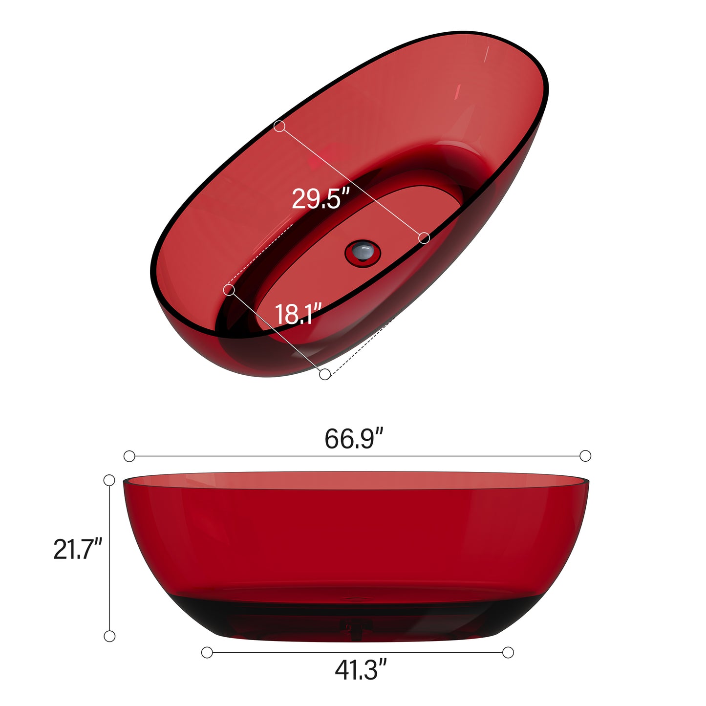 67 in x 29.5 in Stone Resin Surface Flatbottom Freestanding Soaking Bathtub with Center Drain in Transparent Red