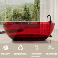 67 in x 29.5 in Stone Resin Surface Flatbottom Freestanding Soaking Bathtub with Center Drain in Transparent Red