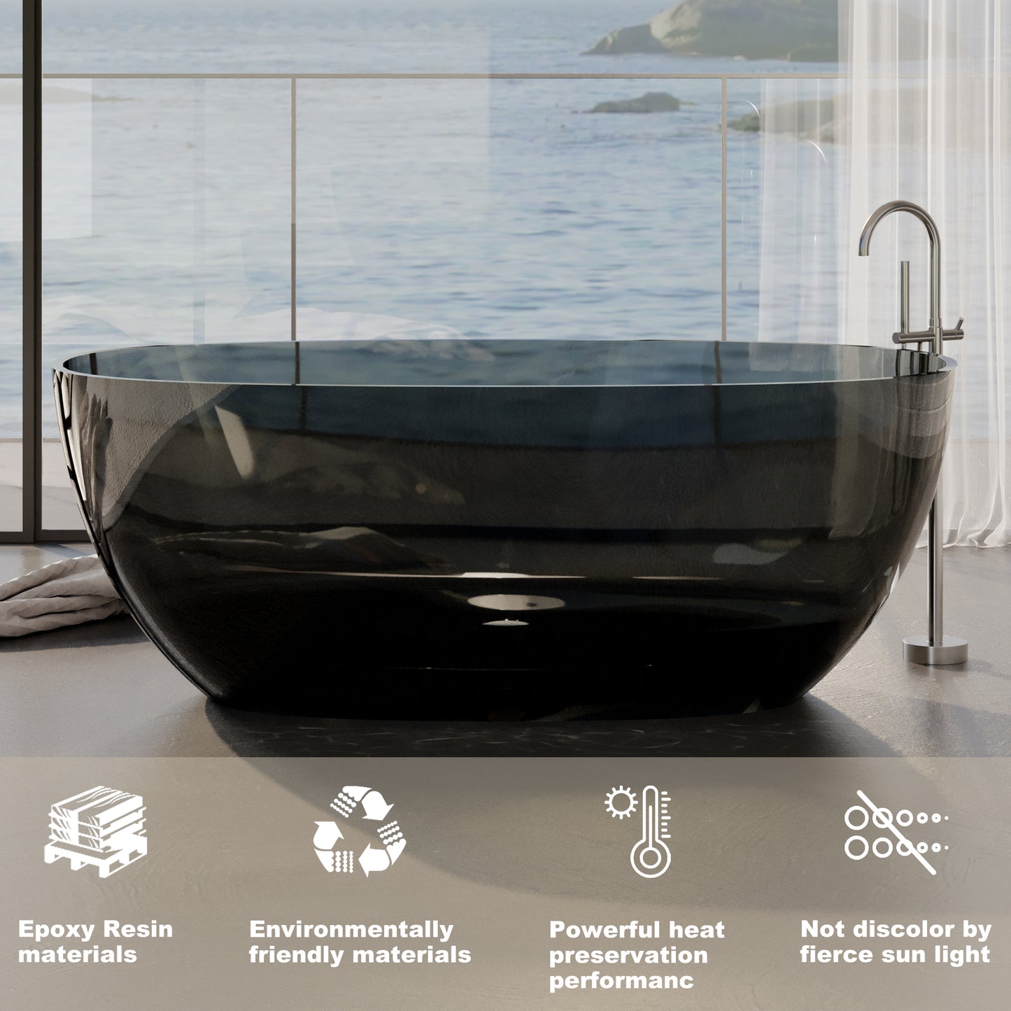 59 in x 29.5 in Stone Resin Surface Flatbottom Freestanding Soaking Bathtub in Transparent Black Gray
