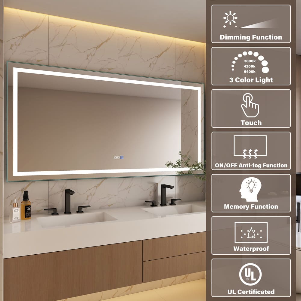 Rectangular Frameless Anti-Fog Wall-Mounted LED Light Bathroom Vanity Mirror in Silver