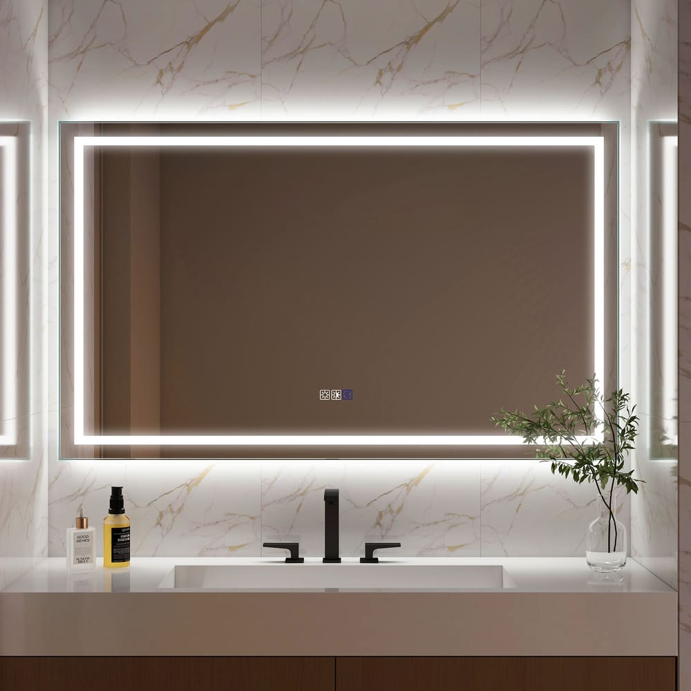 Rectangular Frameless Anti-Fog Wall-Mounted LED Light Bathroom Vanity Mirror in Silver