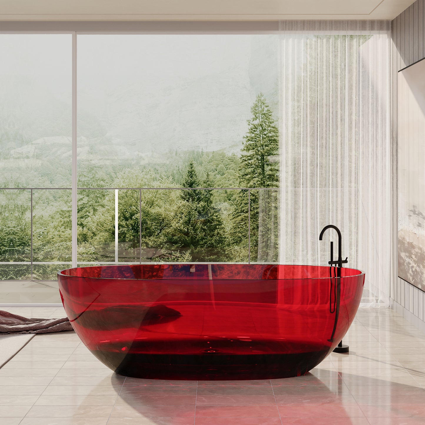 67 in x 29.5 in Stone Resin Surface Flatbottom Freestanding Soaking Bathtub with Center Drain in Transparent Red