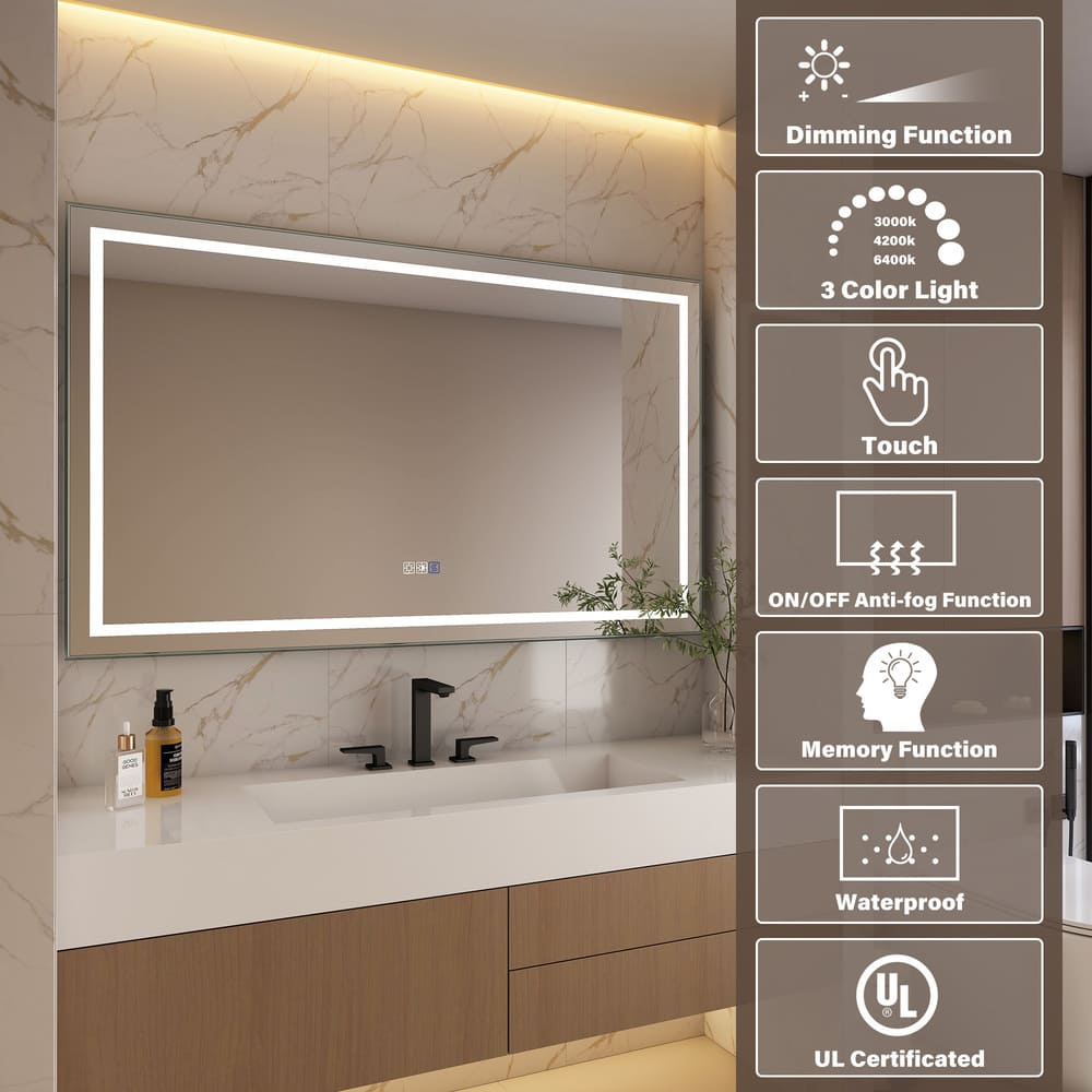 Rectangular Frameless Anti-Fog Wall-Mounted LED Light Bathroom Vanity Mirror in Silver