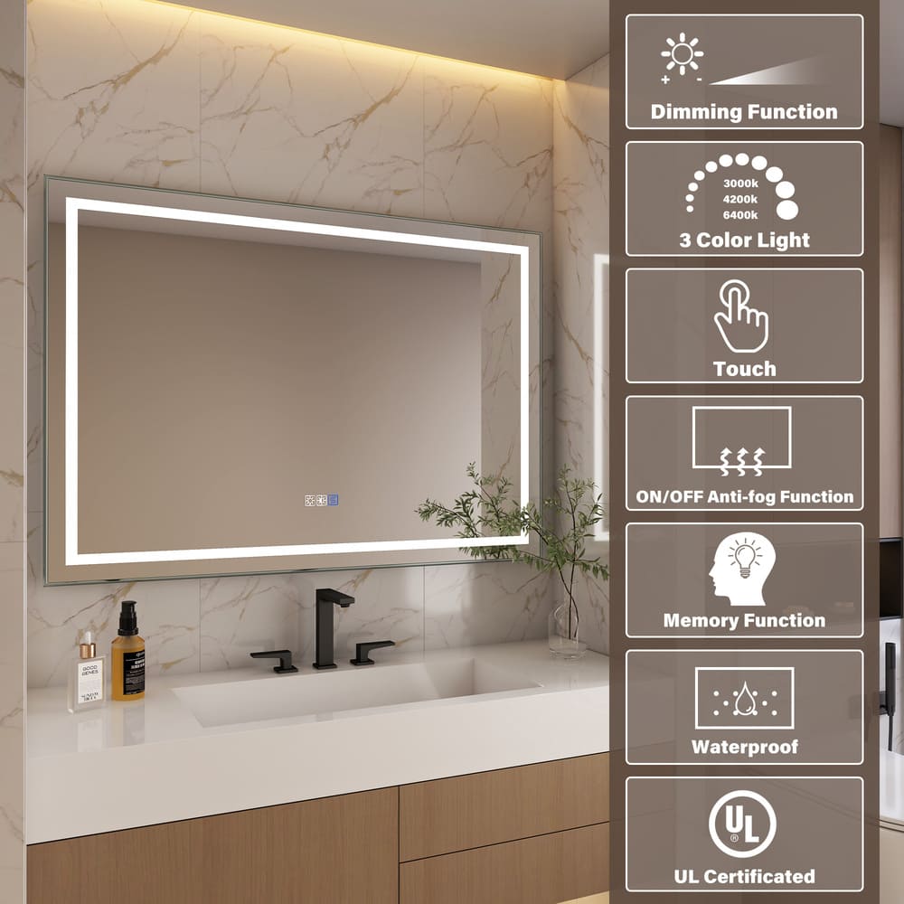 Rectangular Frameless Anti-Fog Wall-Mounted LED Light Bathroom Vanity Mirror in Silver