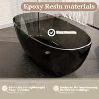 59 in x 29.5 in Stone Resin Surface Flatbottom Freestanding Soaking Bathtub in Transparent Black Gray