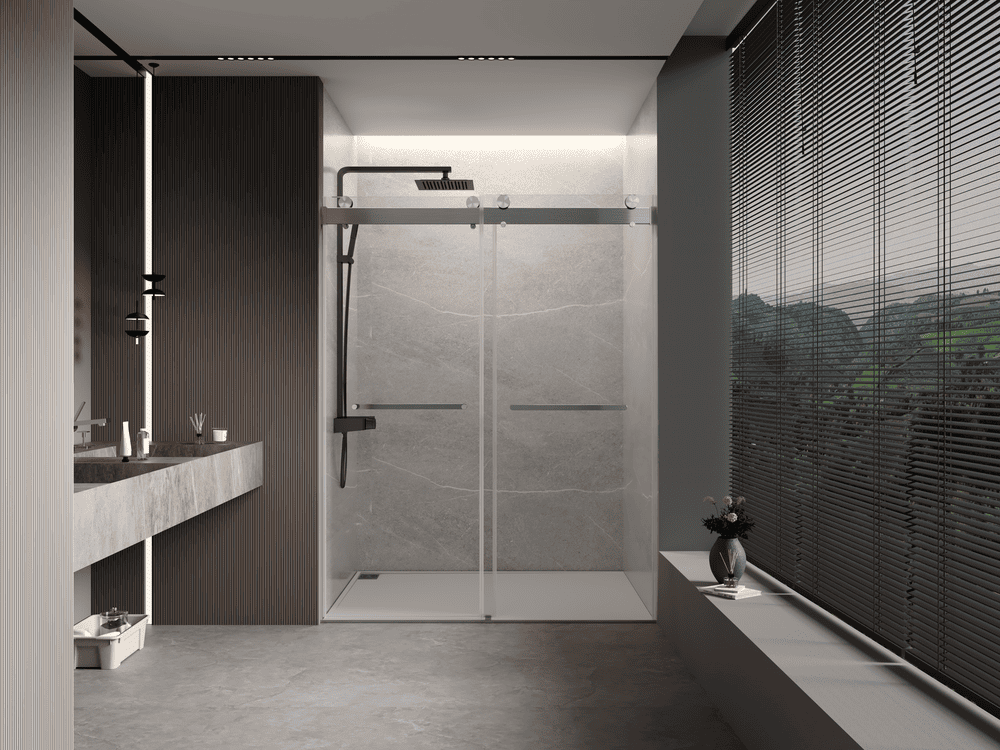 56 to 60 in W x 76 in H Double Sliding Frameless Soft-Close Shower Door with Premium 3/8 Inch (10mm) Thick Tampered Glass and Easy-cleaning Coating in Brushed Nickel/Matte Black