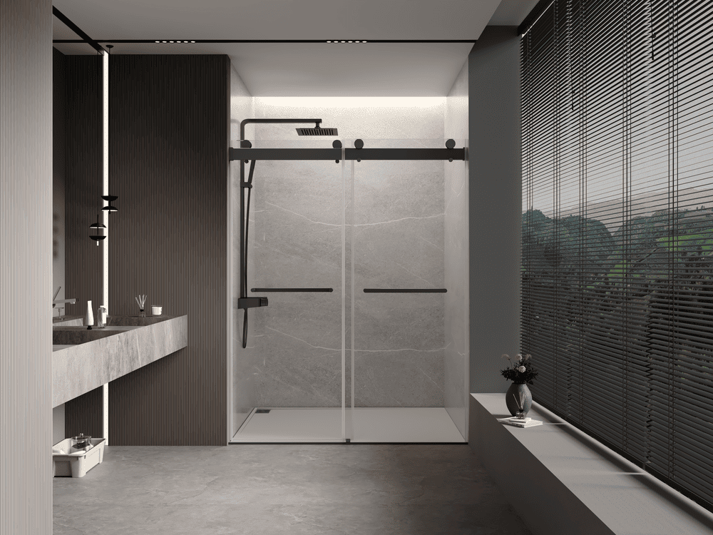 56 to 60 in W x 76 in H Double Sliding Frameless Soft-Close Shower Door with Premium 3/8 Inch (10mm) Thick Tampered Glass and Easy-cleaning Coating in Brushed Nickel/Matte Black