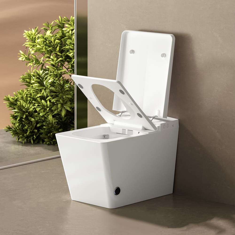 Square Smart Toilet with Built-in Tank for Modern Bathroom, Remote Control, Tankless Bidet Toilet with Foot Touching Lid Opening, Auto Flush, Heated Seat, LED Digital Display, User Memory, White/Black