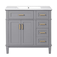 36" Gray Modern Bathroom Vanity with Ceramic Sink, Soft Close Doors, 4 Drawers for Storage, Elegant Design for Small Bathrooms