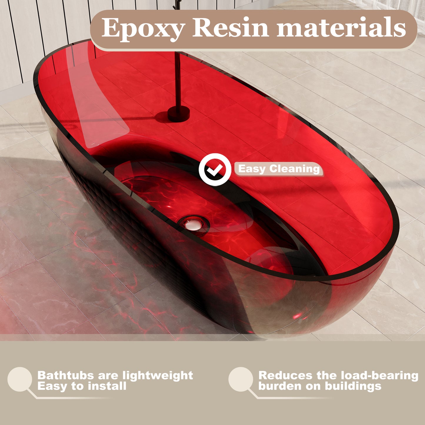 67 in x 29.5 in Stone Resin Surface Flatbottom Freestanding Soaking Bathtub with Center Drain in Transparent Red