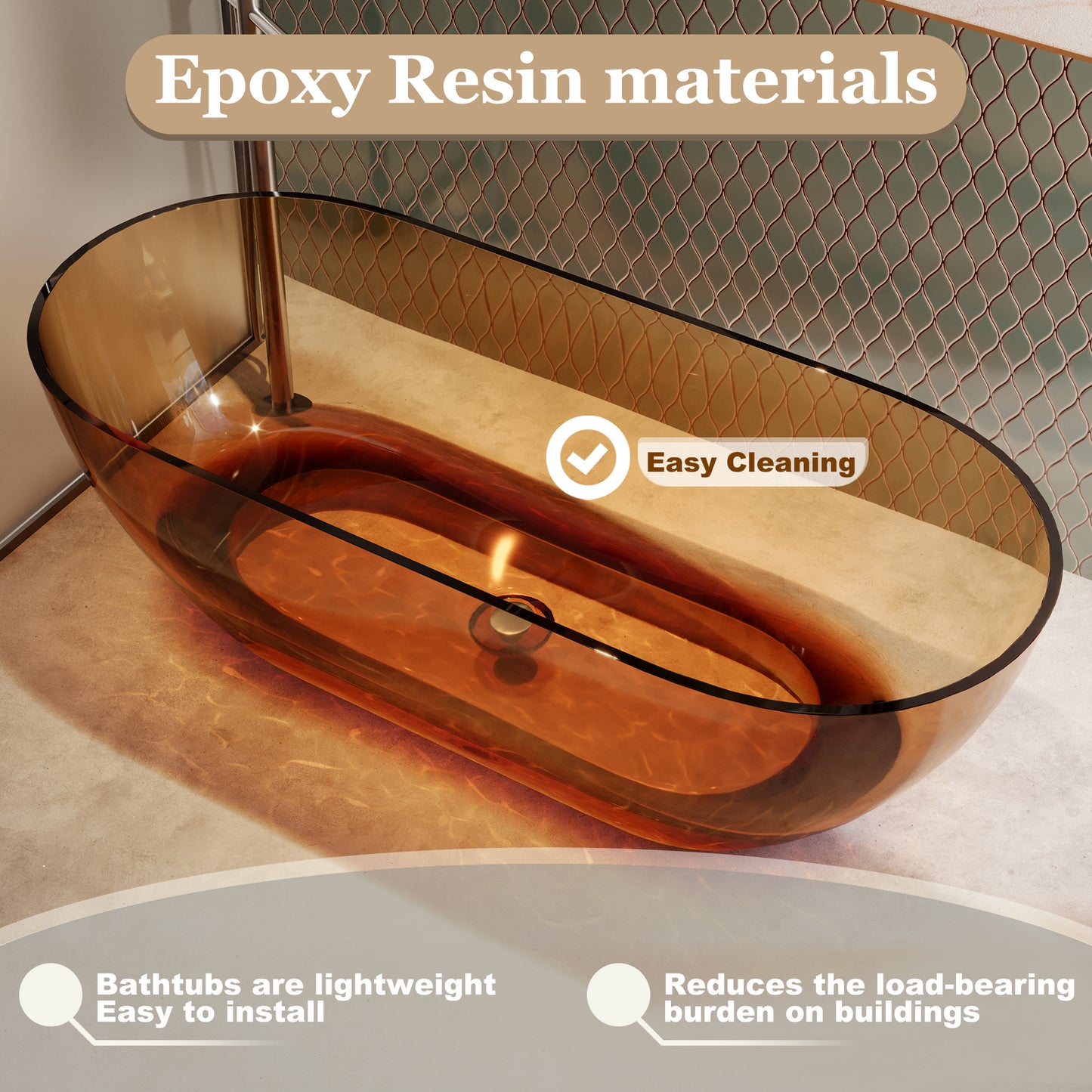 69 in x 29.5 in Oval Stone Resin Surface Flatbottom Freestanding Soaking Bathtub in Transparent Coffee