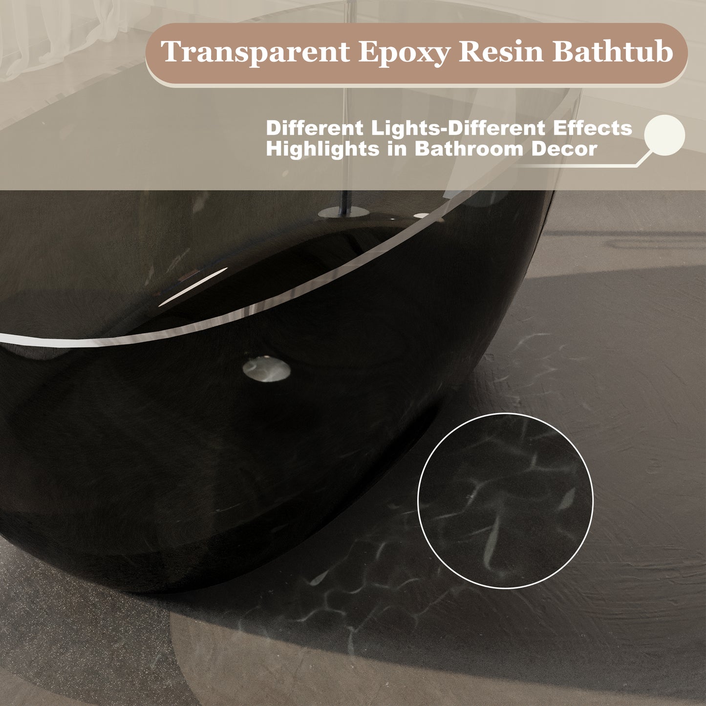 59 in x 29.5 in Stone Resin Surface Flatbottom Freestanding Soaking Bathtub in Transparent Black Gray