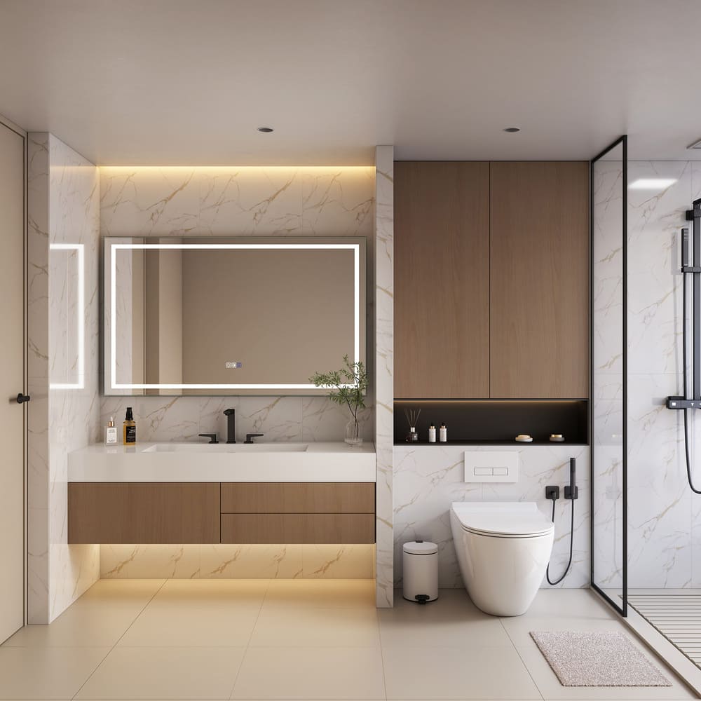 Rectangular Frameless Anti-Fog Wall-Mounted LED Light Bathroom Vanity Mirror in Silver