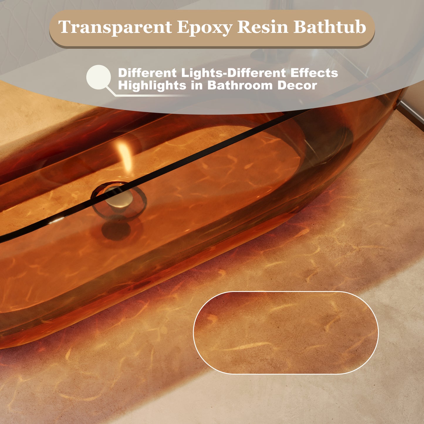 69 in x 29.5 in Oval Stone Resin Surface Flatbottom Freestanding Soaking Bathtub in Transparent Coffee