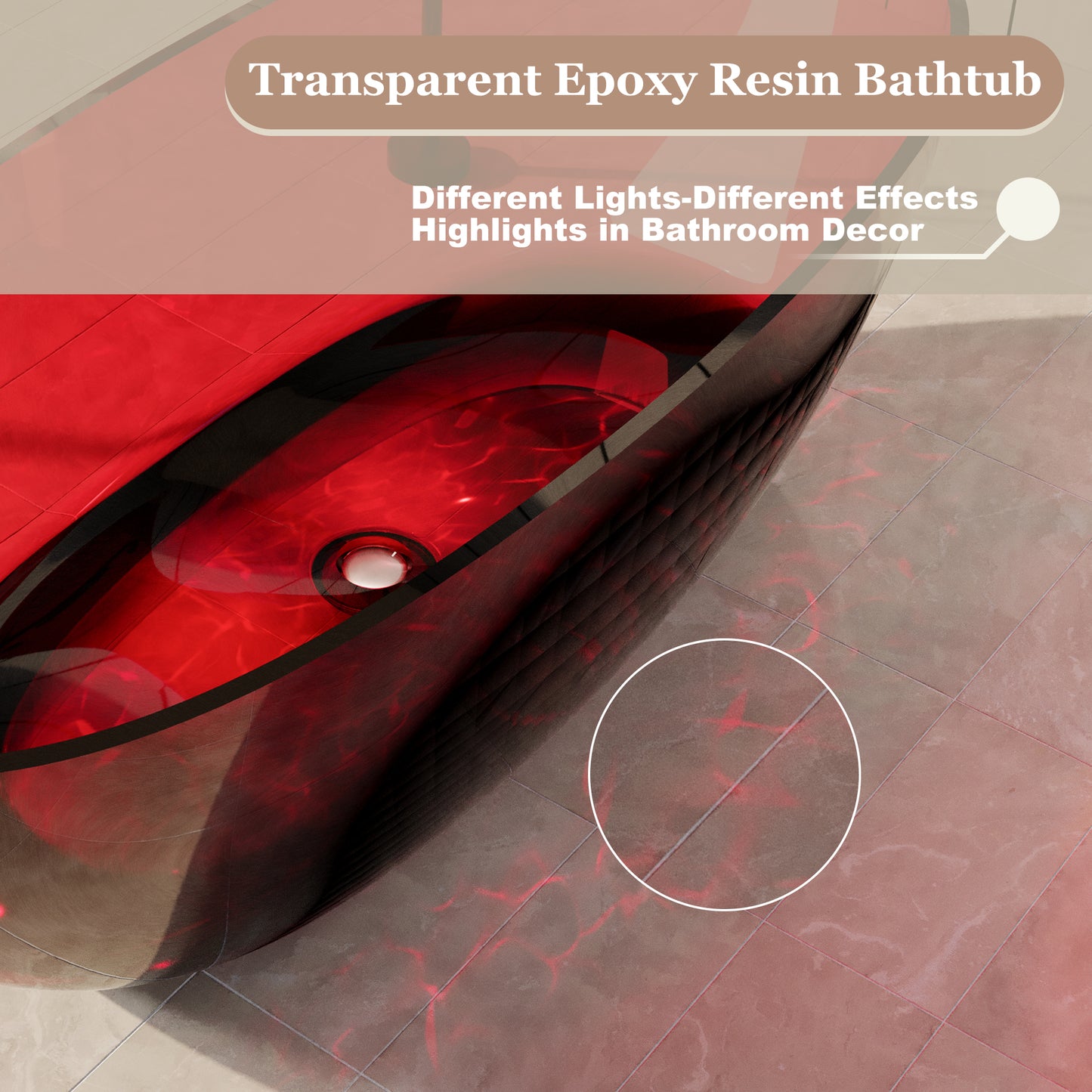 67 in x 29.5 in Stone Resin Surface Flatbottom Freestanding Soaking Bathtub with Center Drain in Transparent Red