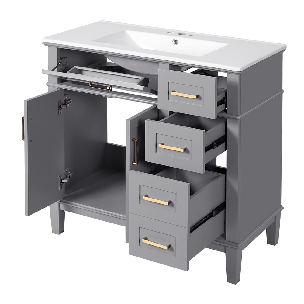 36" Gray Modern Bathroom Vanity with Ceramic Sink, Soft Close Doors, 4 Drawers for Storage, Elegant Design for Small Bathrooms