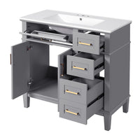 36" Gray Modern Bathroom Vanity with Ceramic Sink, Soft Close Doors, 4 Drawers for Storage, Elegant Design for Small Bathrooms