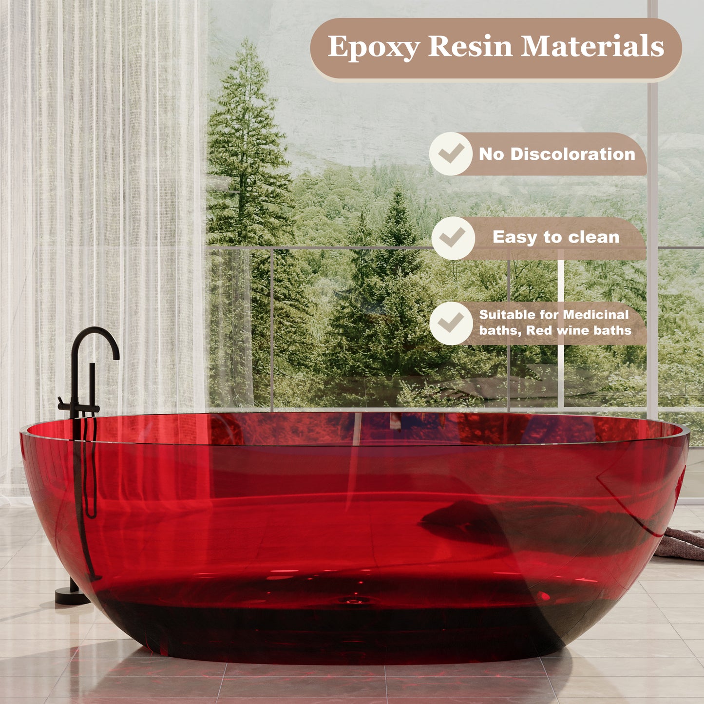 67 in x 29.5 in Stone Resin Surface Flatbottom Freestanding Soaking Bathtub with Center Drain in Transparent Red