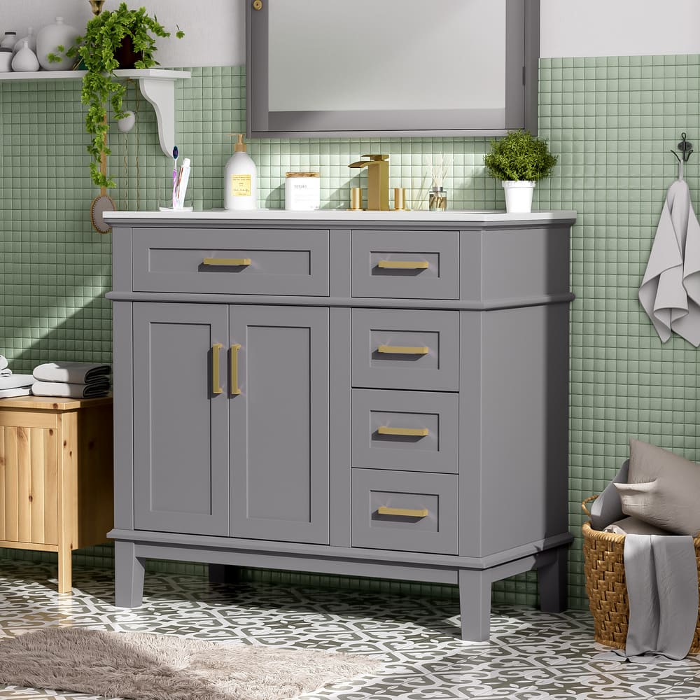 36" Gray Modern Bathroom Vanity with Ceramic Sink, Soft Close Doors, 4 Drawers for Storage, Elegant Design for Small Bathrooms
