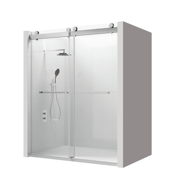 56 to 60 in W x 76 in H Double Sliding Frameless Soft-Close Shower Door with Premium 3/8 Inch (10mm) Thick Tampered Glass and Easy-cleaning Coating in Brushed Nickel/Matte Black