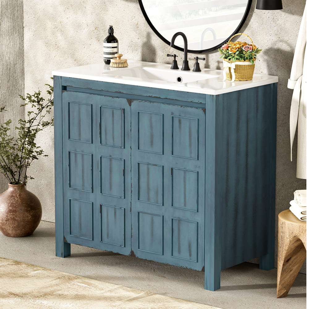 36 " Bathroom Vanity Organizer with Ceramic Sink, Set Bathroom Storage Cabinet,Antique White/Blue