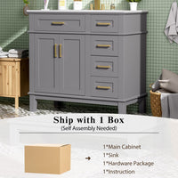 36" Gray Modern Bathroom Vanity with Ceramic Sink, Soft Close Doors, 4 Drawers for Storage, Elegant Design for Small Bathrooms