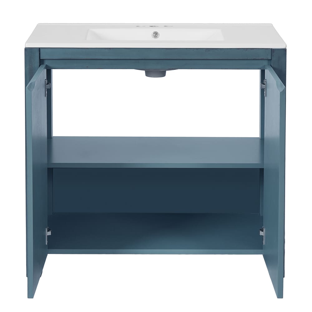 36 " Bathroom Vanity Organizer with Ceramic Sink, Set Bathroom Storage Cabinet,Antique White/Blue