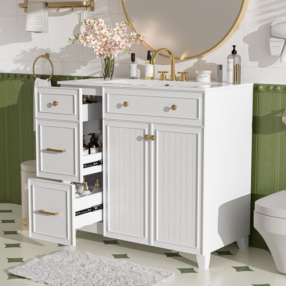 36" Bathroom Vanity with Ceramic Sink, Standard and Double-Layer Drawers, Soft Close Doors, Adjustable Shelves, Modern Storage Cabinet for Small and Medium Bathrooms
