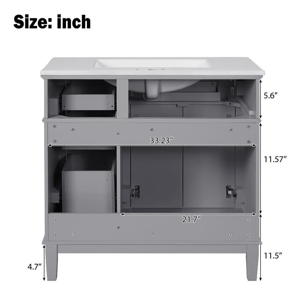 36" Gray Modern Bathroom Vanity with Ceramic Sink, Soft Close Doors, 4 Drawers for Storage, Elegant Design for Small Bathrooms
