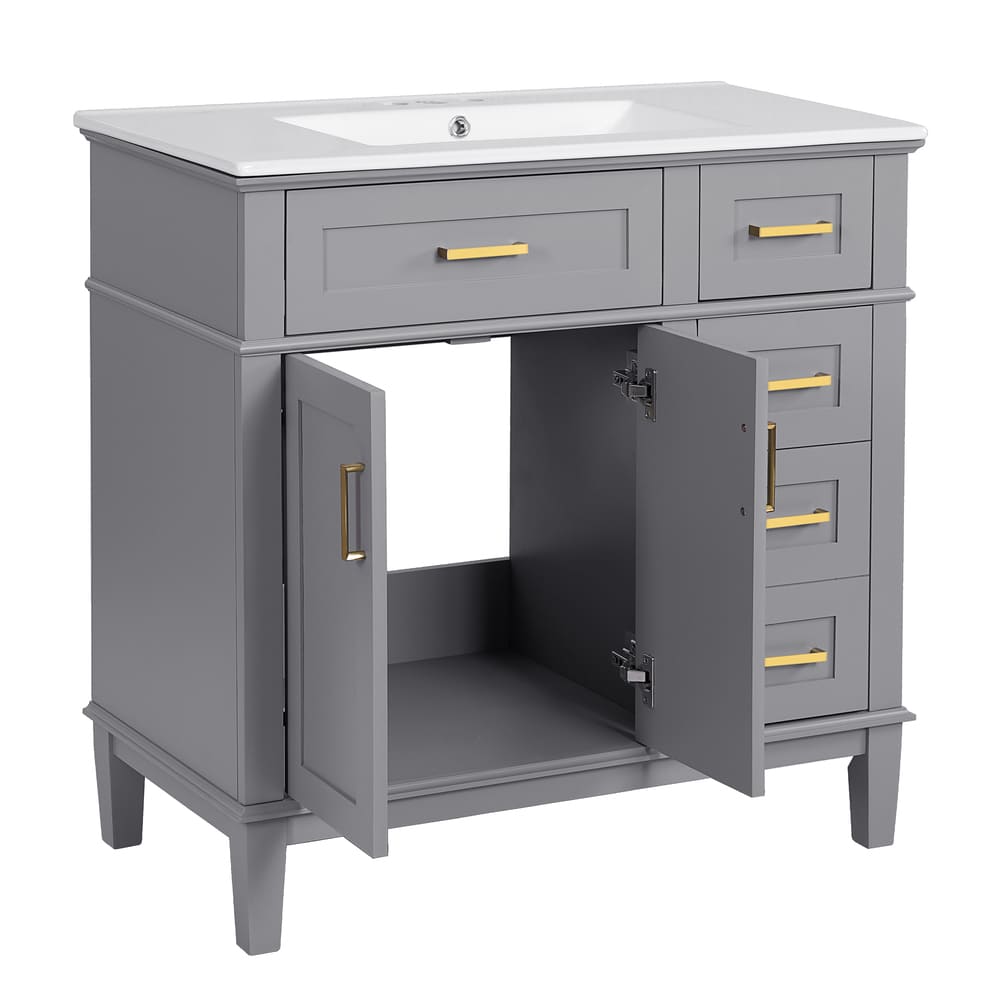 36" Gray Modern Bathroom Vanity with Ceramic Sink, Soft Close Doors, 4 Drawers for Storage, Elegant Design for Small Bathrooms