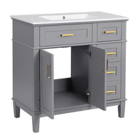 36" Gray Modern Bathroom Vanity with Ceramic Sink, Soft Close Doors, 4 Drawers for Storage, Elegant Design for Small Bathrooms
