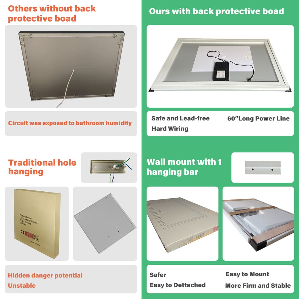 Rectangular Frameless Anti-Fog Wall-Mounted LED Light Bathroom Vanity Mirror in Silver