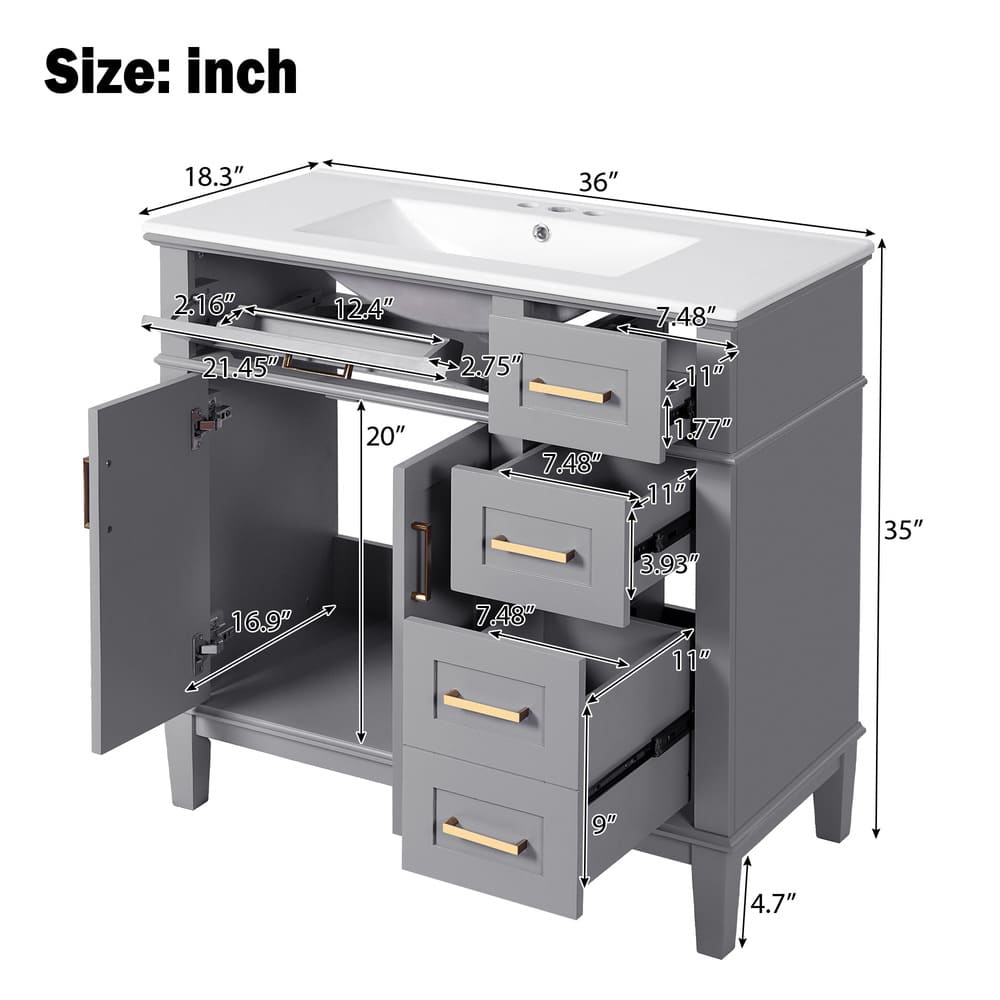 36" Gray Modern Bathroom Vanity with Ceramic Sink, Soft Close Doors, 4 Drawers for Storage, Elegant Design for Small Bathrooms