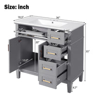 36" Gray Modern Bathroom Vanity with Ceramic Sink, Soft Close Doors, 4 Drawers for Storage, Elegant Design for Small Bathrooms