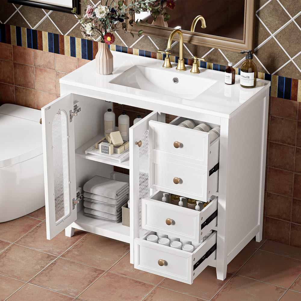 36-inch bathroom vanity with two soft-close doors, adjustable shelves and three drawers