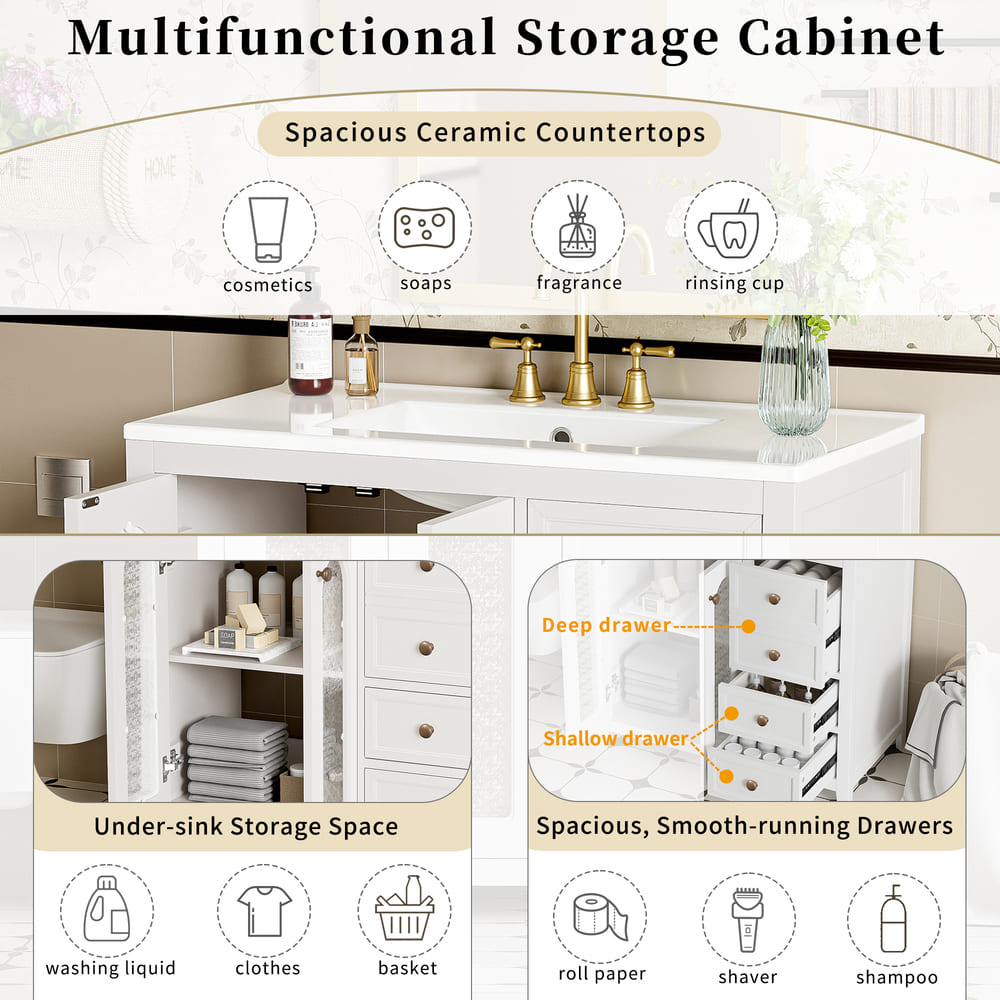 36-inch bathroom vanity with two soft-close doors, adjustable shelves and three drawers